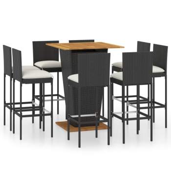 9-tlg. Gartenbar-Set mit Kissen Poly Rattan Schwarz