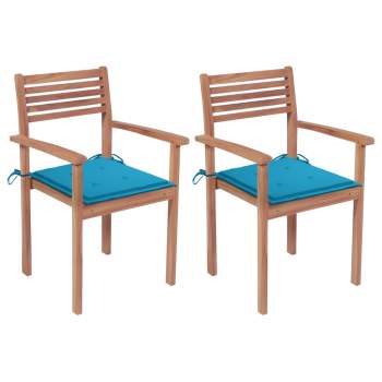  Gartenstühle 2 Stk. mit Blauen Kissen Massivholz Teak
