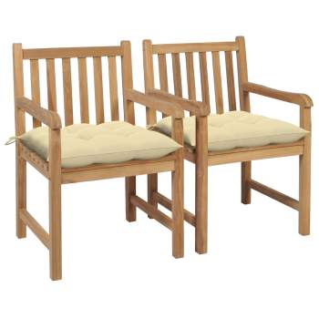  Gartenstühle 2 Stk. mit Cremeweißen Kissen Massivholz Teak