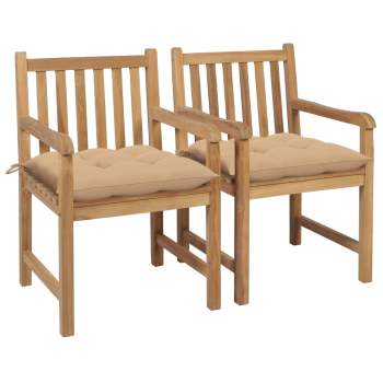  Gartenstühle 2 Stk. mit Beige Kissen Massivholz Teak