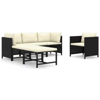  6-tlg. Garten-Lounge-Set mit Kissen Poly Rattan Schwarz