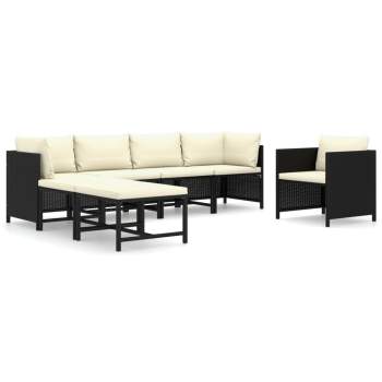  7-tlg. Garten-Lounge-Set mit Kissen Poly Rattan Schwarz