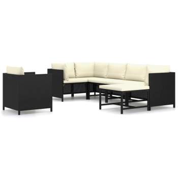  7-tlg. Garten-Lounge-Set mit Kissen Poly Rattan Schwarz