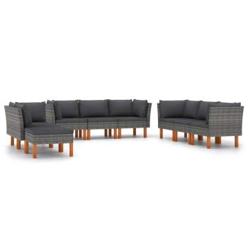  9-tlg. Garten-Lounge-Set mit Kissen Poly Rattan Grau