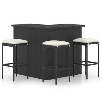  4-tlg. Gartenbar-Set mit Kissen Poly Rattan Schwarz