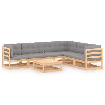  7-tlg. Garten-Lounge-Set mit Kissen Massivholz Kiefer