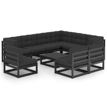  10-tlg. Garten-Lounge-Set mit Kissen Schwarz Massivholz Kiefer