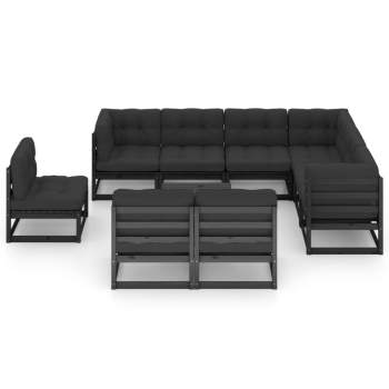  10-tlg. Garten-Lounge-Set mit Kissen Schwarz Massivholz Kiefer