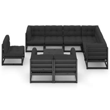  10-tlg. Garten-Lounge-Set mit Kissen Schwarz Massivholz Kiefer