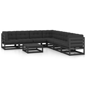  8-tlg. Garten-Lounge-Set mit Kissen Schwarz Massivholz Kiefer