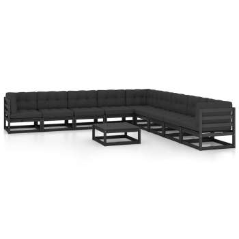  10-tlg. Garten-Lounge-Set mit Kissen Schwarz Massivholz Kiefer