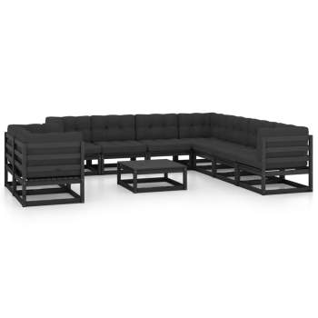  10-tlg. Garten-Lounge-Set mit Kissen Schwarz Massivholz Kiefer