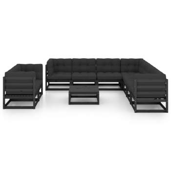  10-tlg. Garten-Lounge-Set mit Kissen Schwarz Massivholz Kiefer