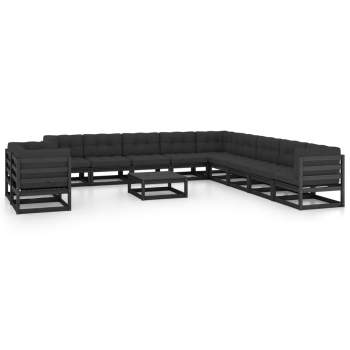  12-tlg. Garten-Lounge-Set mit Kissen Schwarz Massivholz Kiefer