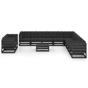  12-tlg. Garten-Lounge-Set mit Kissen Schwarz Massivholz Kiefer