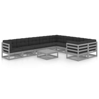  10-tlg. Garten-Lounge-Set mit Kissen Grau Massivholz Kiefer