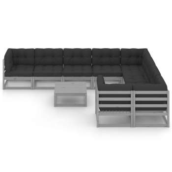  10-tlg. Garten-Lounge-Set mit Kissen Grau Massivholz Kiefer