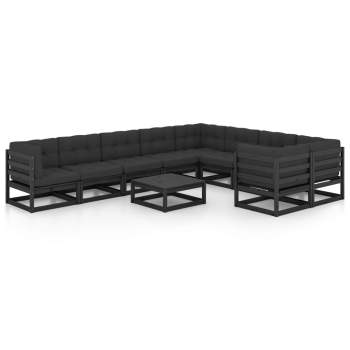  10-tlg. Garten-Lounge-Set mit Kissen Schwarz Massivholz Kiefer