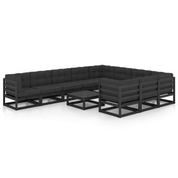  11-tlg. Garten-Lounge-Set mit Kissen Schwarz Kiefer Massivholz