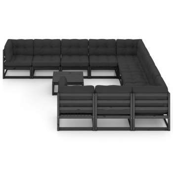  12-tlg. Garten-Lounge-Set mit Kissen Schwarz Massivholz Kiefer