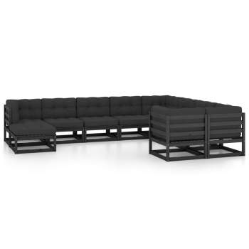  10-tlg. Garten-Lounge-Set mit Kissen Schwarz Massivholz Kiefer