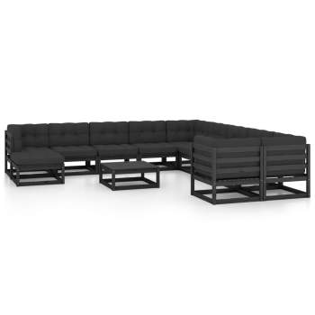  12-tlg. Garten-Lounge-Set mit Kissen Schwarz Massivholz Kiefer