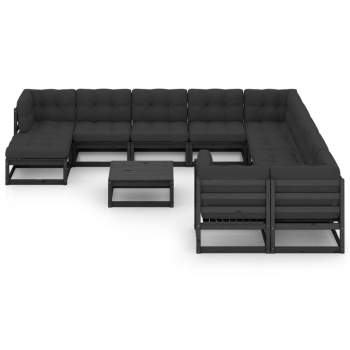  12-tlg. Garten-Lounge-Set mit Kissen Schwarz Massivholz Kiefer