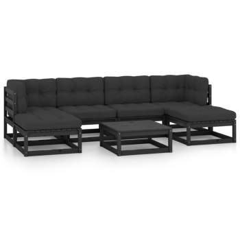  7-tlg. Garten-Lounge-Set mit Kissen Schwarz Massivholz Kiefer