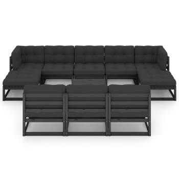  11-tlg. Garten-Lounge-Set mit Kissen Schwarz Kiefer Massivholz