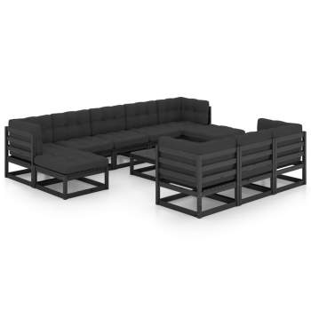  11-tlg. Garten-Lounge-Set mit Kissen Schwarz Kiefer Massivholz