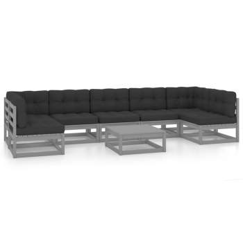  8-tlg. Garten-Lounge-Set mit Kissen Grau Massivholz Kiefer