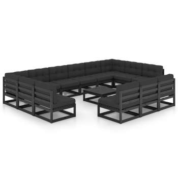  14-tlg. Garten-Lounge-Set mit Kissen Schwarz Massivholz Kiefer