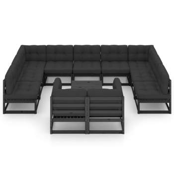  12-tlg. Garten-Lounge-Set mit Kissen Schwarz Massivholz Kiefer