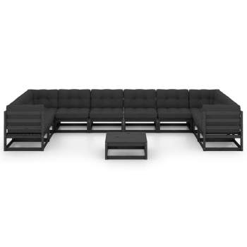  11-tlg. Garten-Lounge-Set mit Kissen Schwarz Kiefer Massivholz