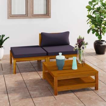 3-tlg. Garten-Lounge-Set mit Dunkelgrauen Kissen Akazienholz