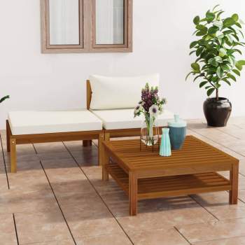 3-tlg. Garten-Lounge-Set mit Cremeweißen Kissen Akazienholz