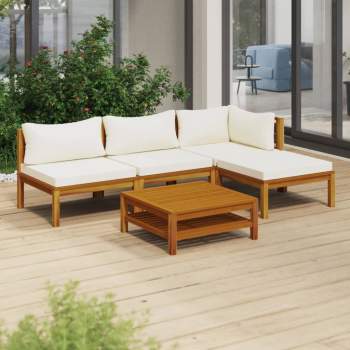 5-tlg. Garten-Lounge-Set mit Creme Kissen Massivholz Akazie