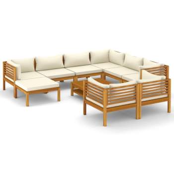 Preview: 10-tlg. Garten-Lounge-Set mit Creme Kissen Massivholz Akazie