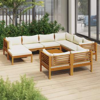 10-tlg. Garten-Lounge-Set mit Creme Kissen Massivholz Akazie