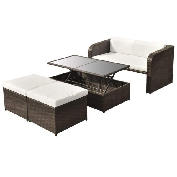  4-tlg. Garten-Lounge-Set mit Auflagen Poly Rattan Braun