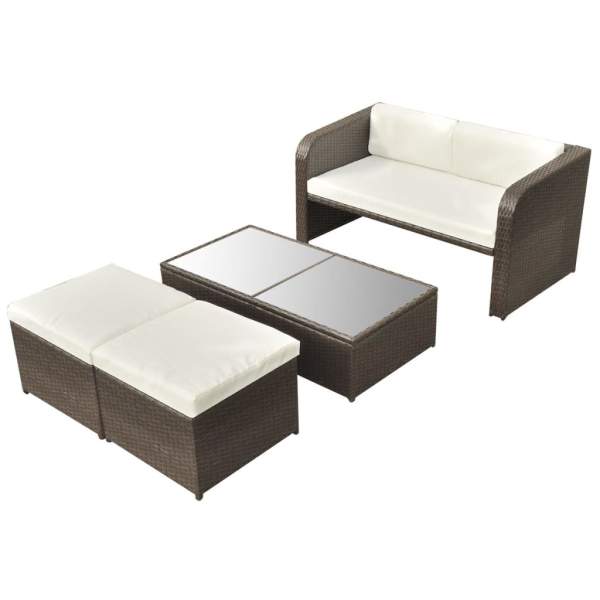  4-tlg. Garten-Lounge-Set mit Auflagen Poly Rattan Braun