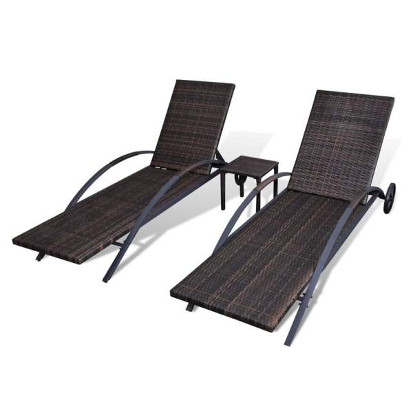  Sonnenliegen mit Tisch Poly Rattan Braun