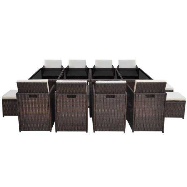  13-tlg. Garten-Essgruppe mit Auflagen Poly Rattan Braun