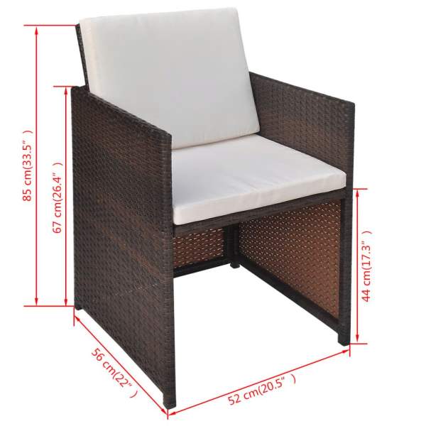  13-tlg. Garten-Essgruppe mit Auflagen Poly Rattan Braun