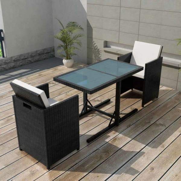  3-tlg. Bistro-Set mit Auflagen Poly Rattan Schwarz