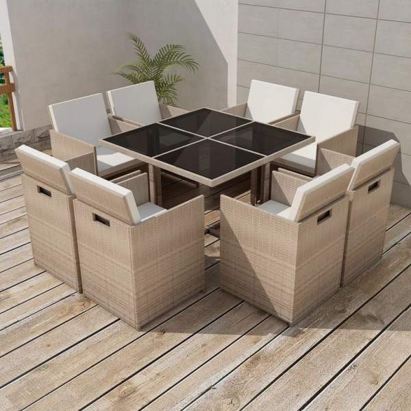  9-tlg. Garten-Essgruppe mit Auflagen Poly Rattan Beige