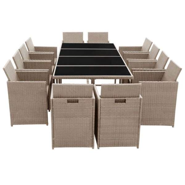  13-tlg. Garten-Essgruppe mit Auflagen Poly Rattan Beige