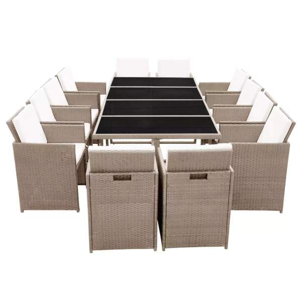  13-tlg. Garten-Essgruppe mit Auflagen Poly Rattan Beige