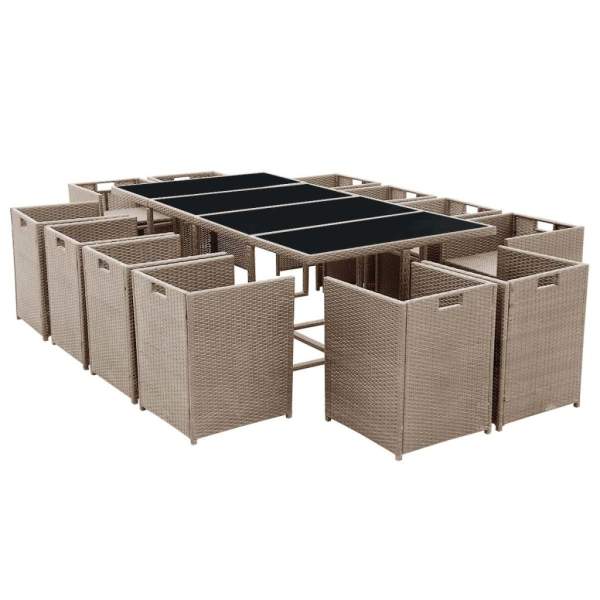  13-tlg. Garten-Essgruppe mit Auflagen Poly Rattan Beige