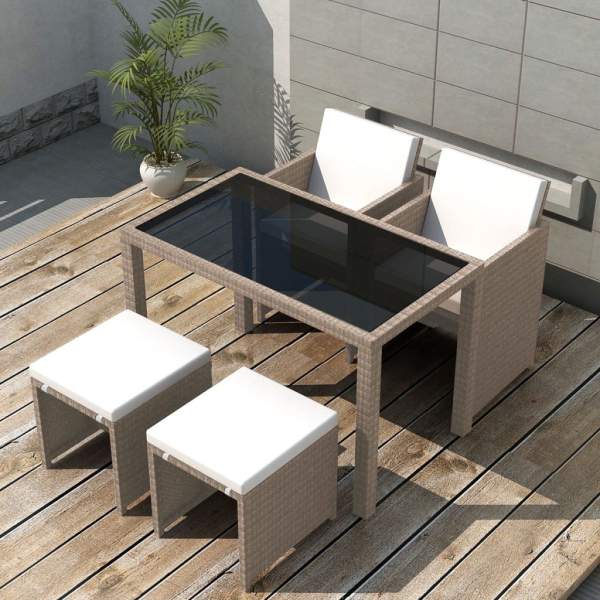  5-tlg. Garten-Essgruppe mit Auflagen Poly Rattan Beige